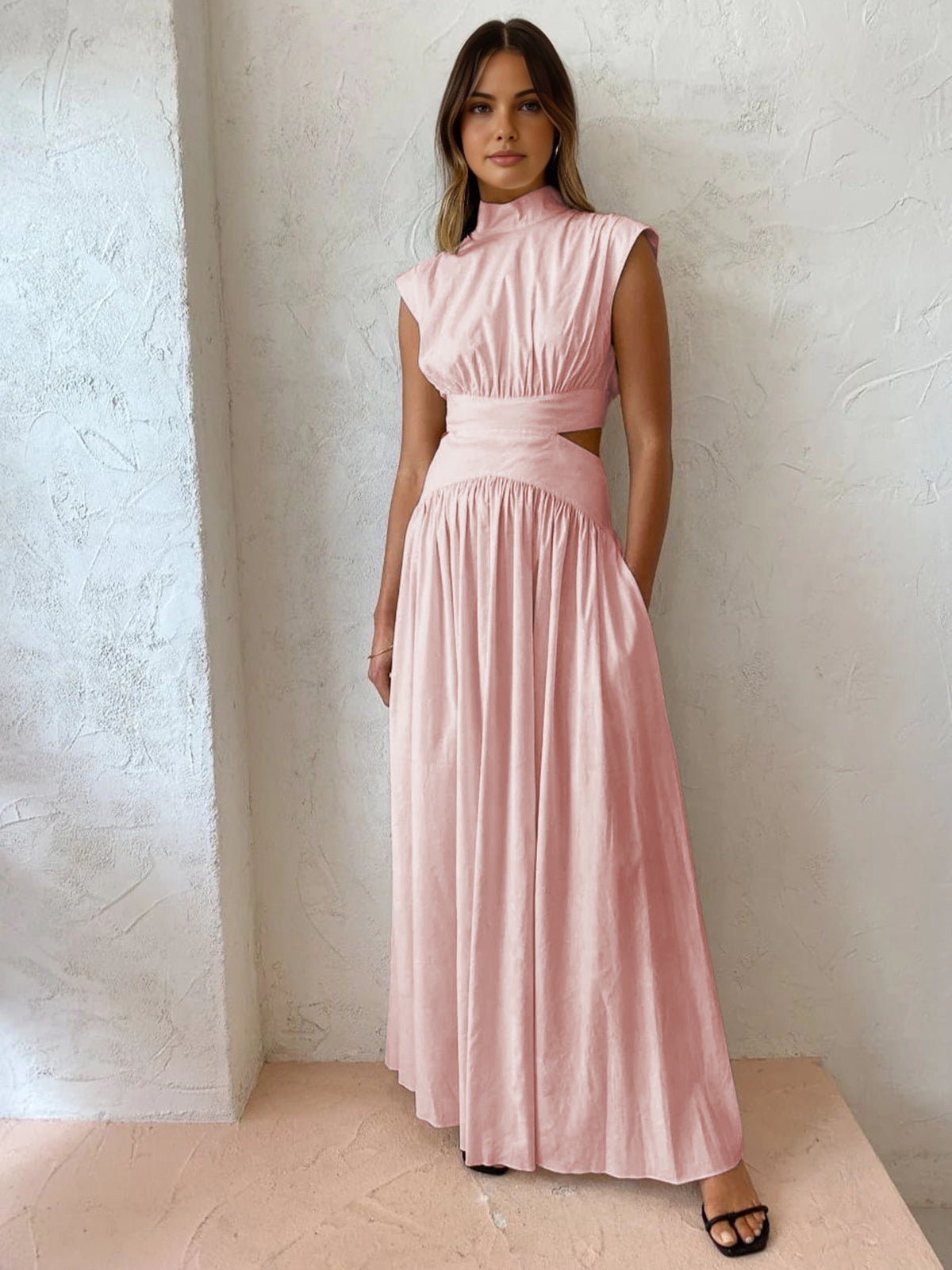 Women's Cut-Out Maxi Dress in soft Pink, front view on model - Amely