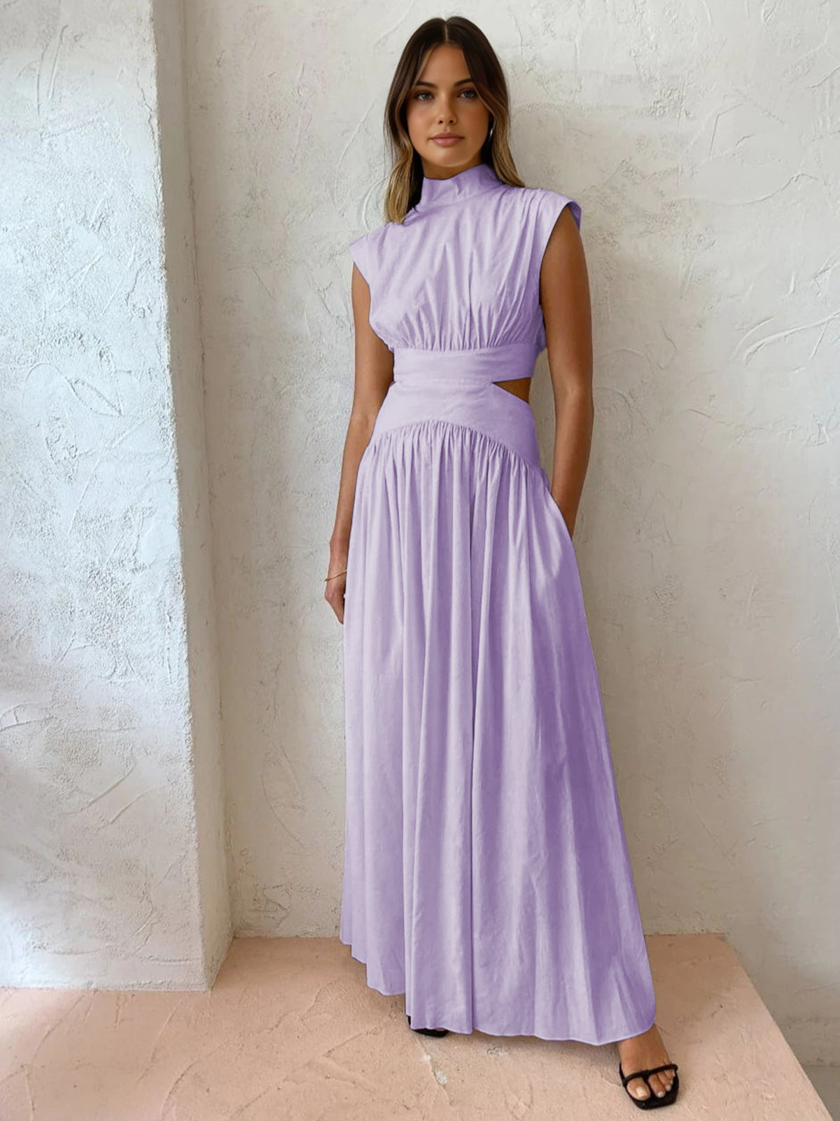 Women's Cut-Out Maxi Dress in lilac Purple, front view on model - Amely
