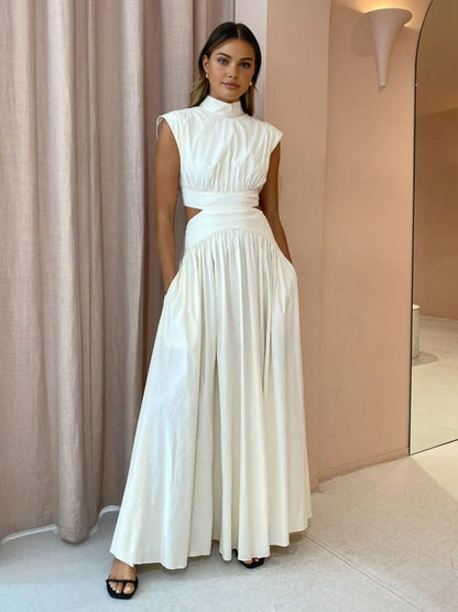 Women's Cut-Out Maxi Dress in White, indoor front view on model - Amely