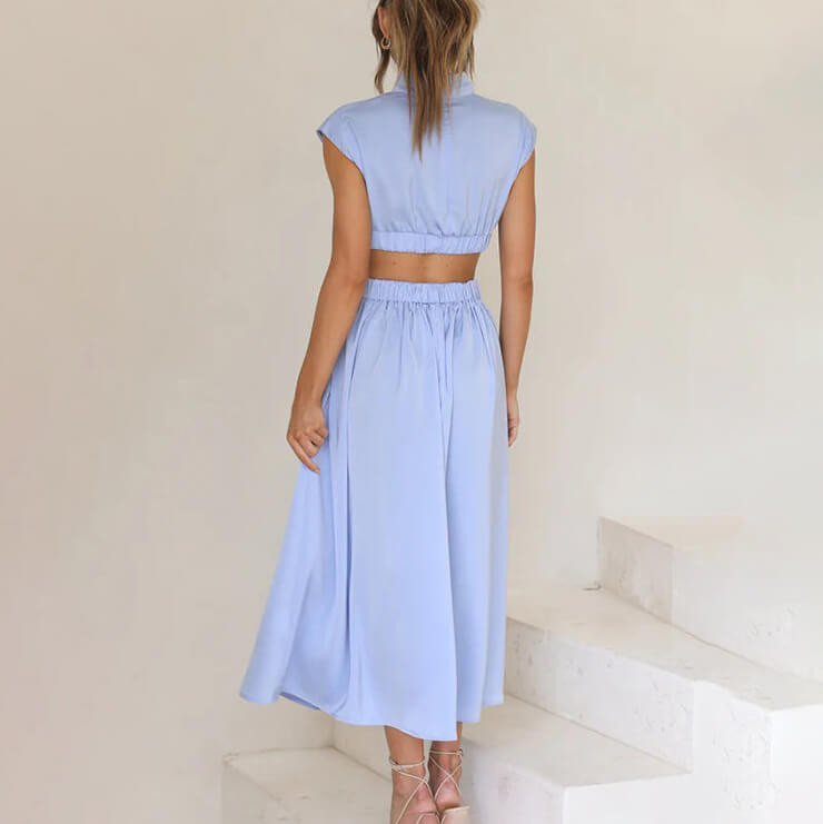 Women's Cut-Out Waist Maxi Dress in light Blue, back view on model - Mirella