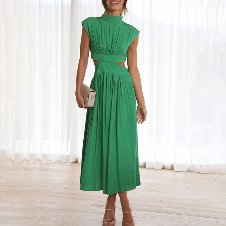 Women's Cut-Out Waist Maxi Dress in Green, front view on model - Mirella