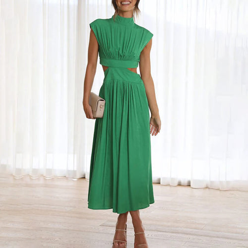 Women's Cut-Out Waist Maxi Dress in Green, front view on model - Mirella