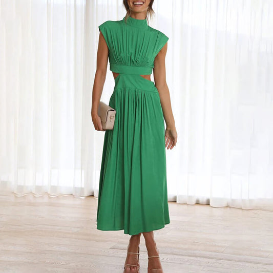 Women's Cut-Out Waist Maxi Dress in Green, front view on model - Mirella