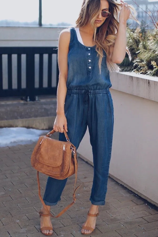 Sarah women's tencel denim jumpsuit in dark blue, full front view on the model