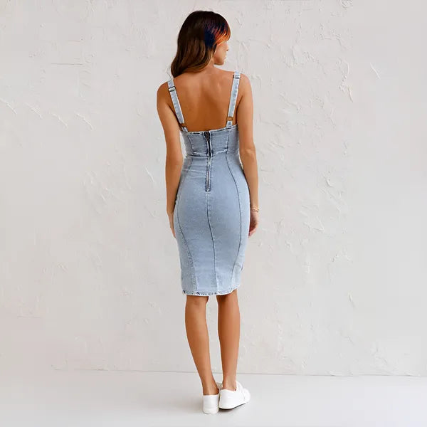 Back view of the blue Collete denim sleeveless midi dress with zip closure