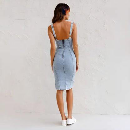 Back view of the blue Collete denim sleeveless midi dress with zip closure