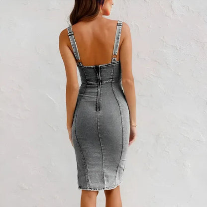 Back of the gray Collete denim sleeveless midi dress showing zip and straps