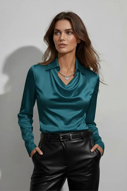 Women's Draped Cowl Neck Blouse in Teal Blue, front view with leather trousers – Annika