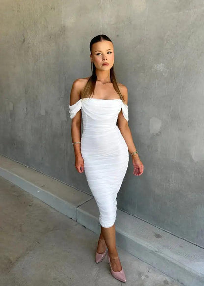 White Halina ruched cocktail midi dress with off-shoulder draped sleeves