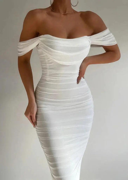 Close-up of the white Halina cocktail midi dress ruching and draped sleeves