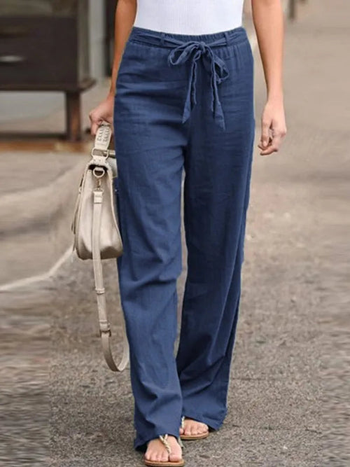 Blue Drawstring Palazzo Pants front view with tie waist and wide straight leg