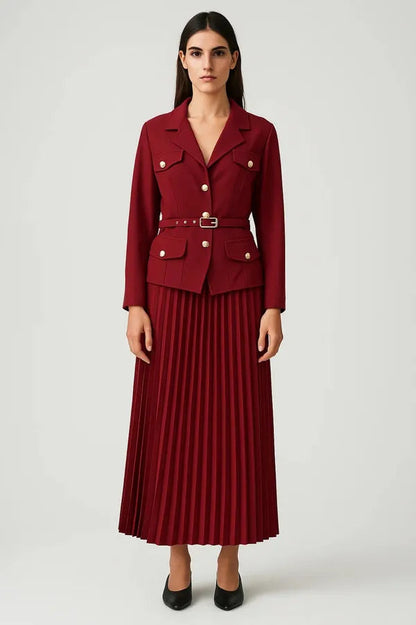 Adrasteia women's elegant skirt set in dark red, front view on model