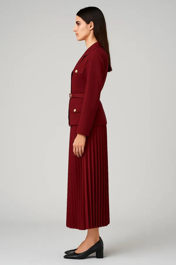 Adrasteia women's elegant skirt set in dark red, side view on model