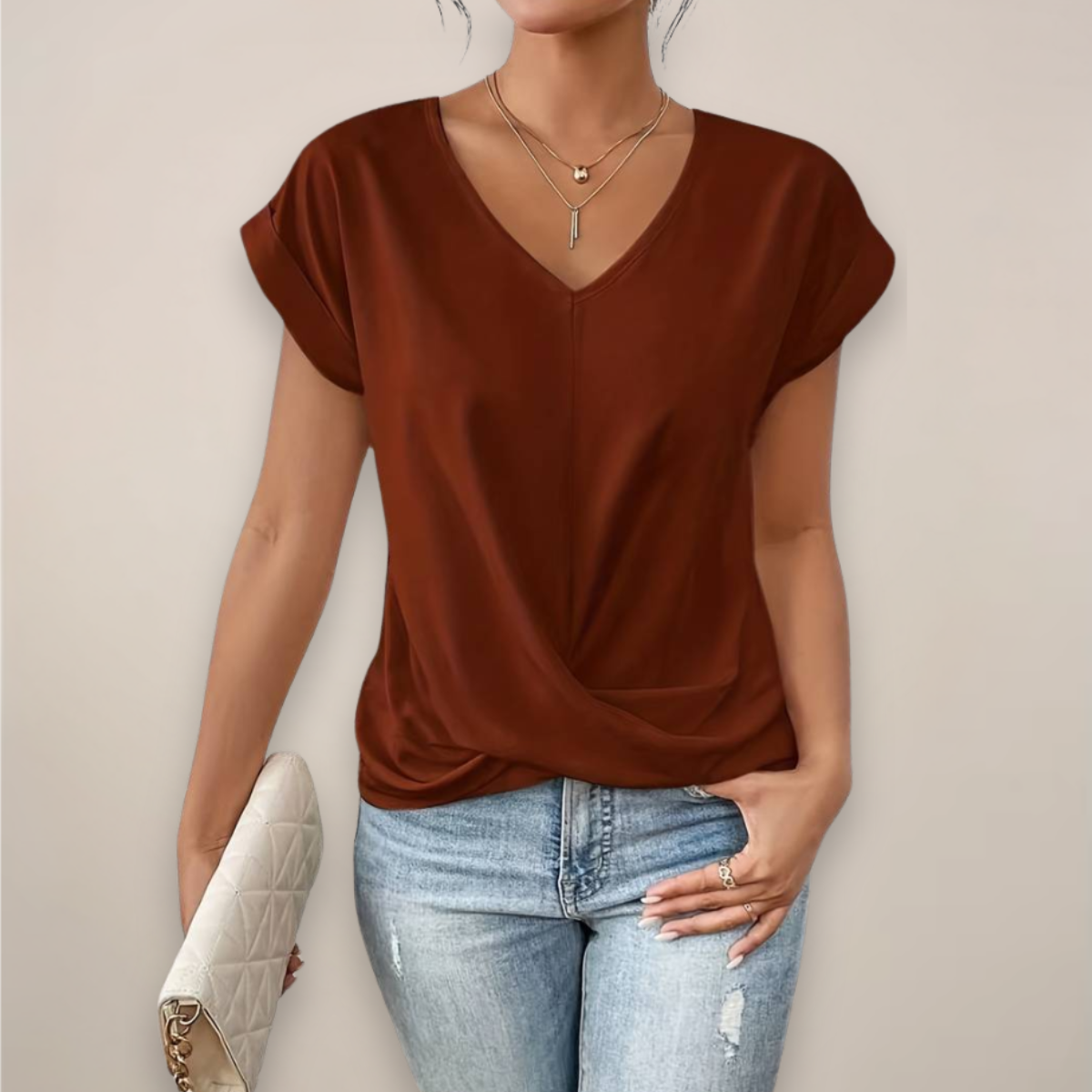 Women's Elegant Summer Blouse in Maroon, front view of the deep V neckline – Roksana