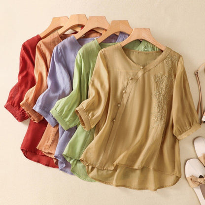 Women's Embroidered Mid Sleeve Blouse, flat lay of all five colour options – Kalina