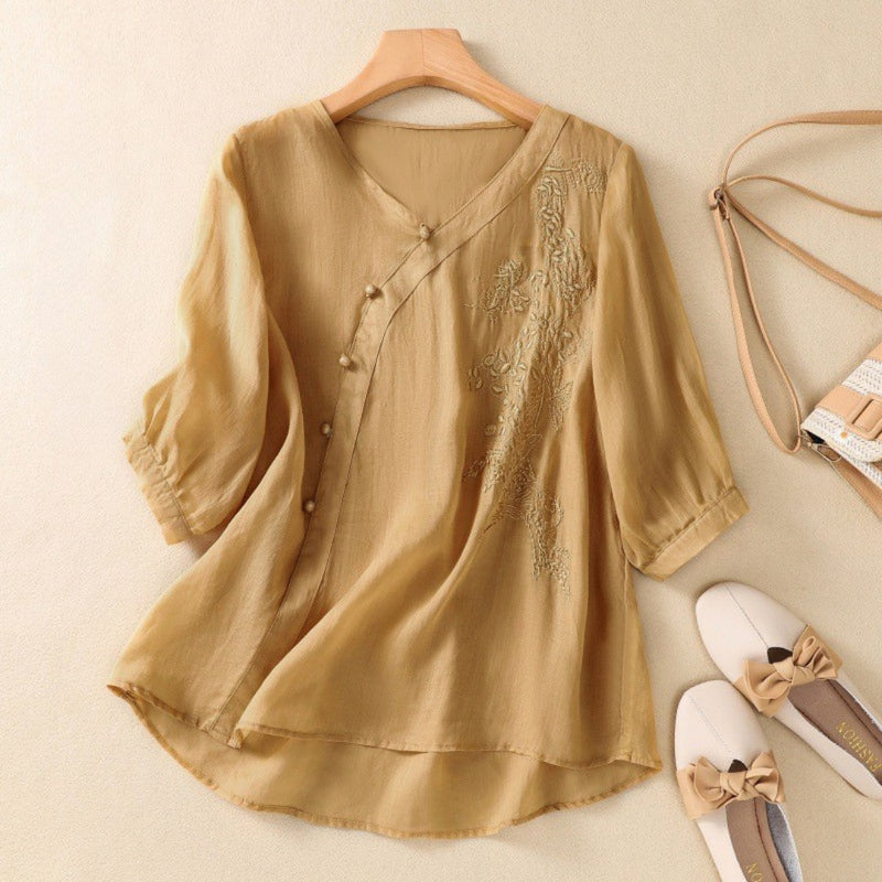 Women's Embroidered Mid Sleeve Blouse in Khaki, flat lay with a shoulder bag – Kalina