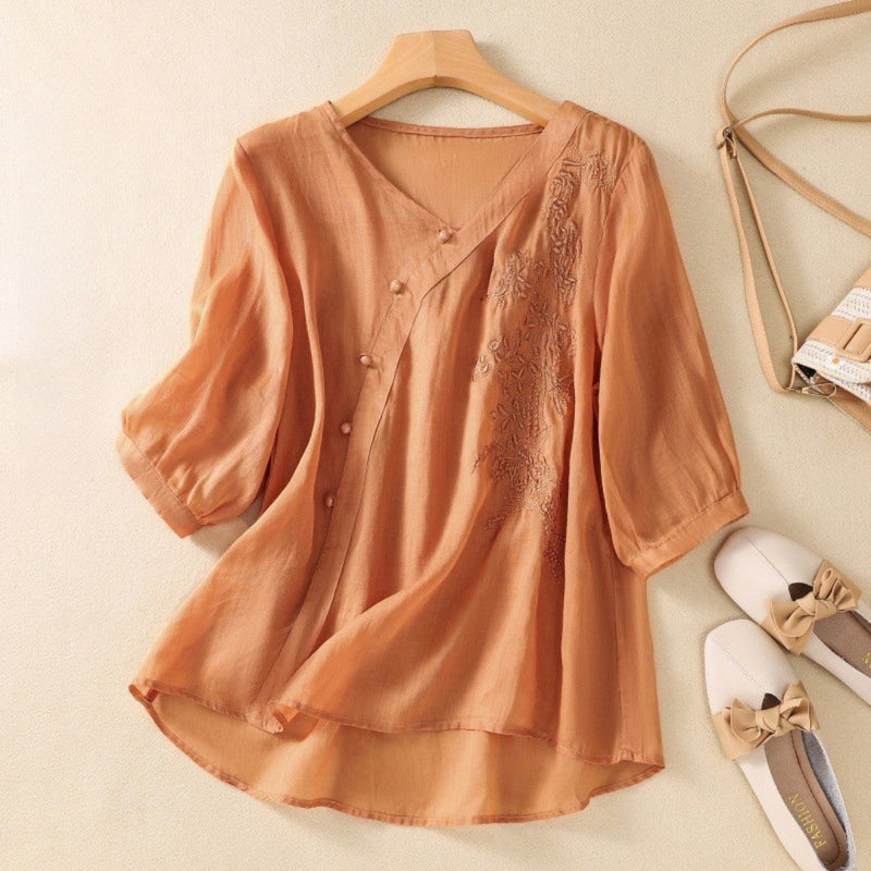 Women's Embroidered Mid Sleeve Blouse in Orange, flat lay styled with sandals – Kalina