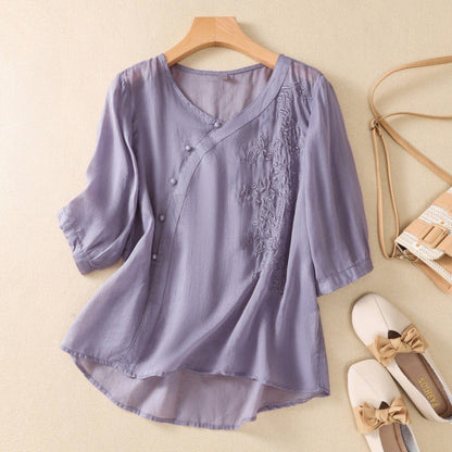 Women's Embroidered Mid Sleeve Blouse in Purple, flat lay with flat shoes – Kalina