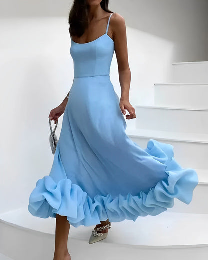 Lotta women's sleeveless midi dress in blue, front view with ruffled hem