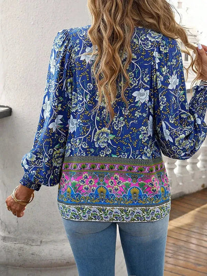 Women's Floral Long Sleeve Boho Blouse in Blue, back view of the floral print – Marzena