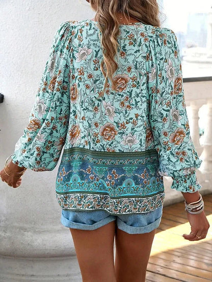 Women's Floral Long Sleeve Boho Blouse in Green, back view with balloon sleeves – Marzena