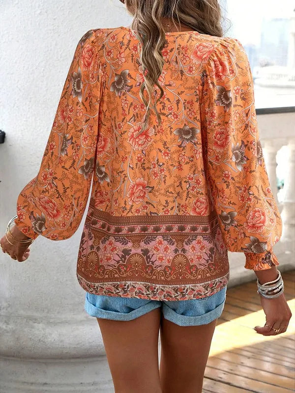 Women's Floral Long Sleeve Boho Blouse in Orange, back view of the boho border – Marzena