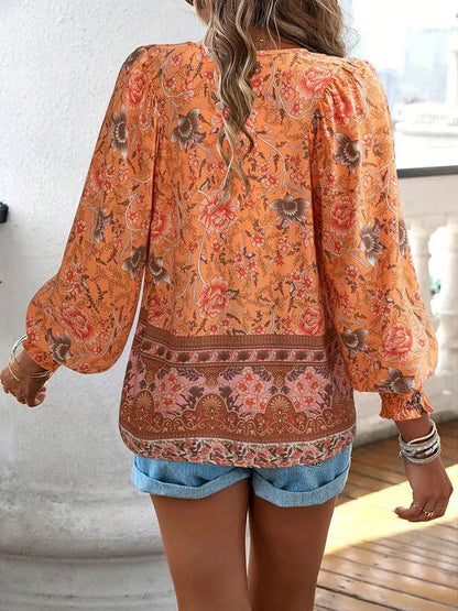 Women's Floral Long Sleeve Boho Blouse in Orange, back view of the boho border – Marzena