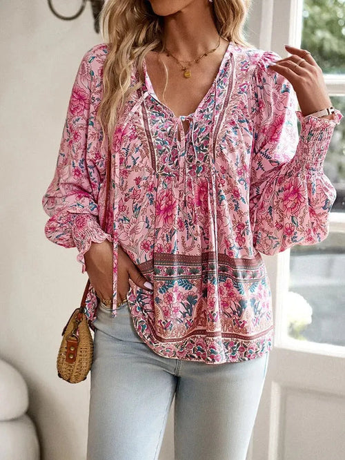 Women's Floral Long Sleeve Boho Blouse in Pink, front view with light jeans – Marzena