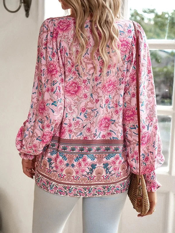Women's Floral Long Sleeve Boho Blouse in Pink, back view of the border print – Marzena