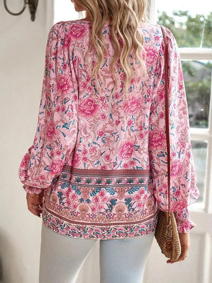 Women's Floral Long Sleeve Boho Blouse in Pink, back view of the border print – Marzena