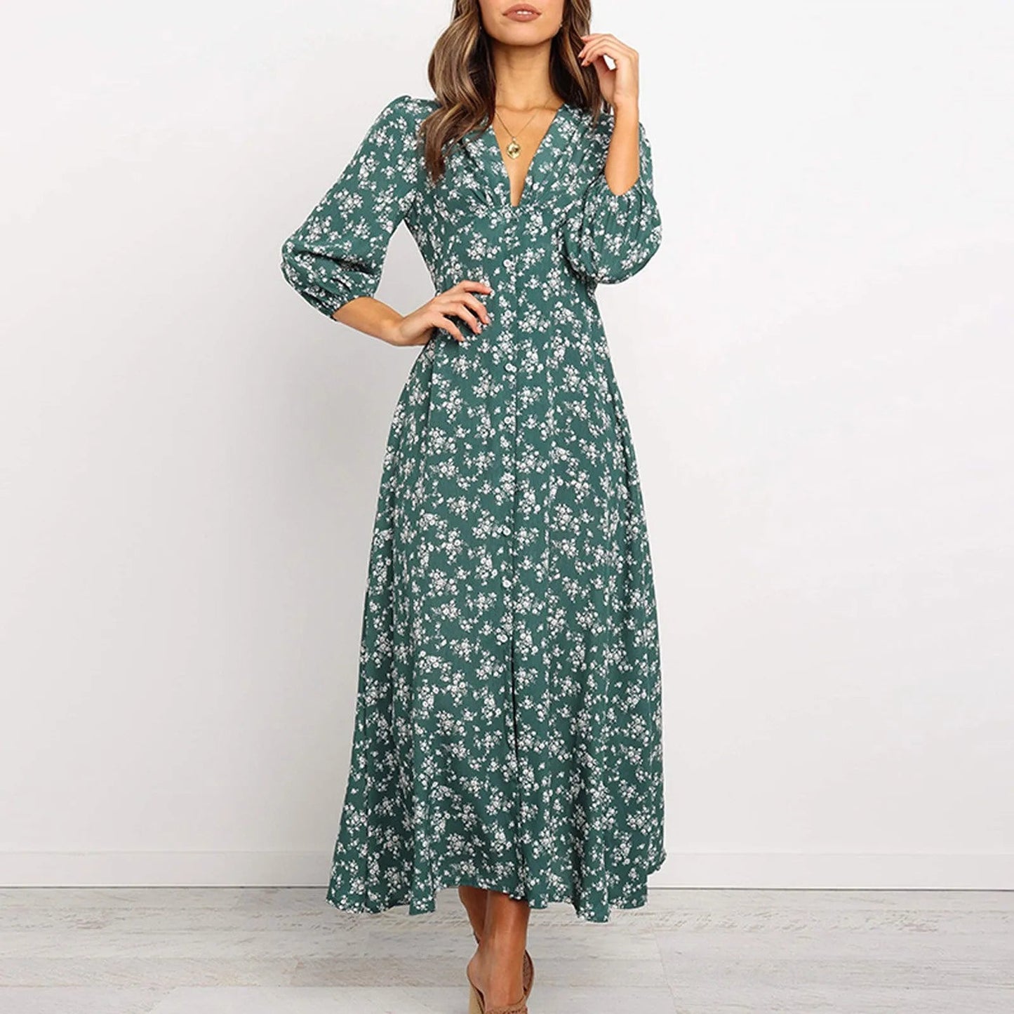 Women's Floral Maxi Long Sleeve Dress in Green floral, front view on model - Mayra