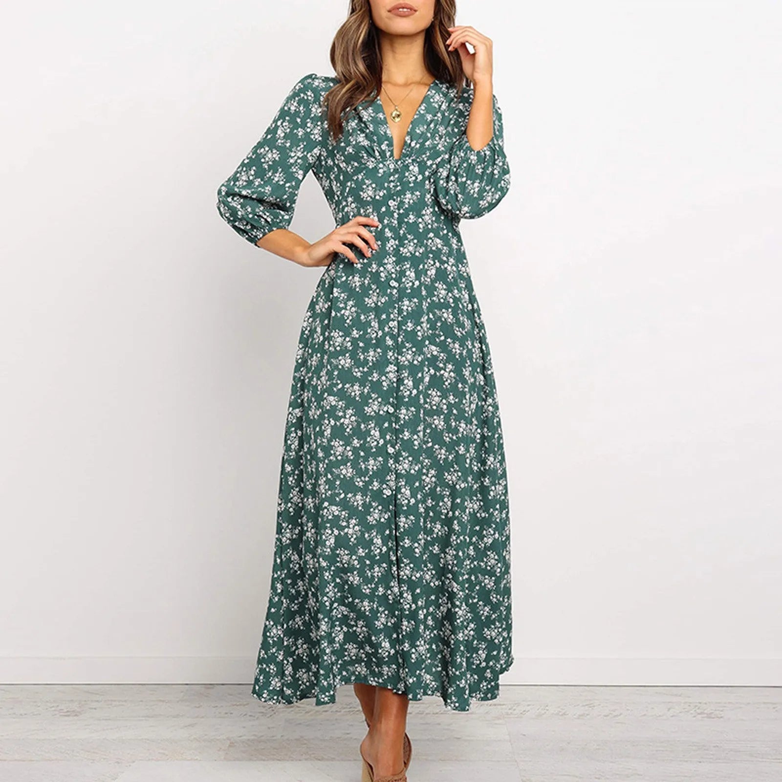 Women's Floral Maxi Long Sleeve Dress in Green floral, front view on model - Mayra