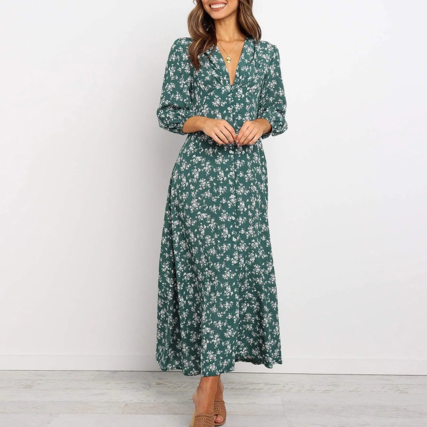Women's Floral Maxi Long Sleeve Dress in Green, full-length front view - Mayra