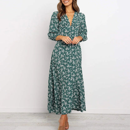 Women's Floral Maxi Long Sleeve Dress in Green, full-length front view - Mayra