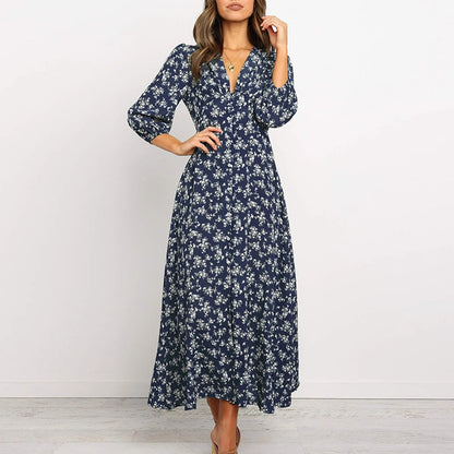 Women's Floral Maxi Long Sleeve Dress in Navy Blue ditsy print, front view - Mayra