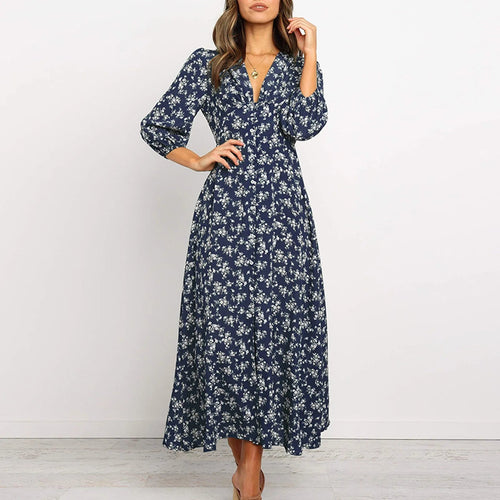 Women's Floral Maxi Long Sleeve Dress in Navy Blue ditsy print, front view - Mayra