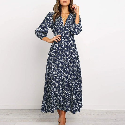Women's Floral Maxi Long Sleeve Dress in Navy Blue ditsy print, front view - Mayra
