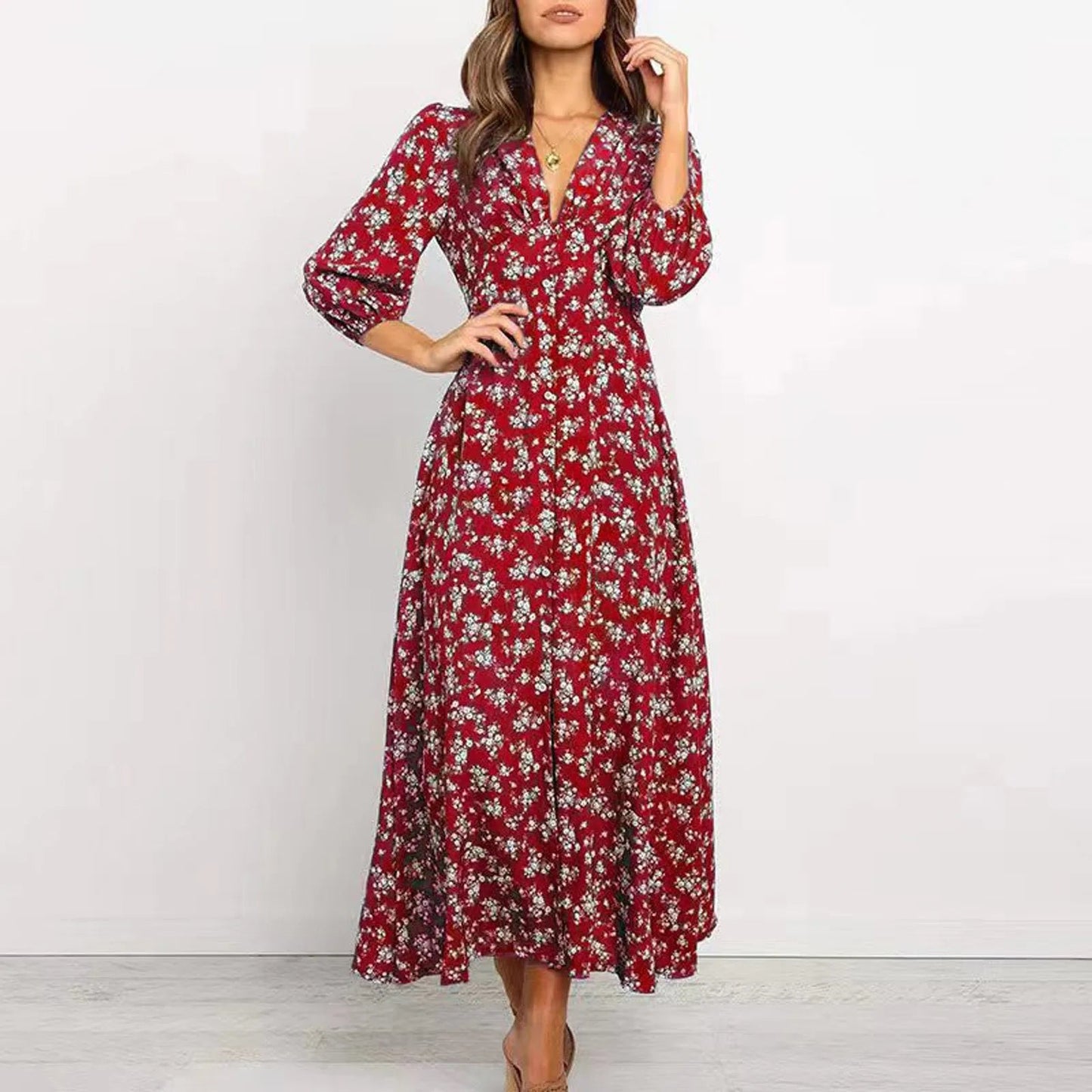 Women's Floral Maxi Long Sleeve Dress in Red floral, front view on model - Mayra