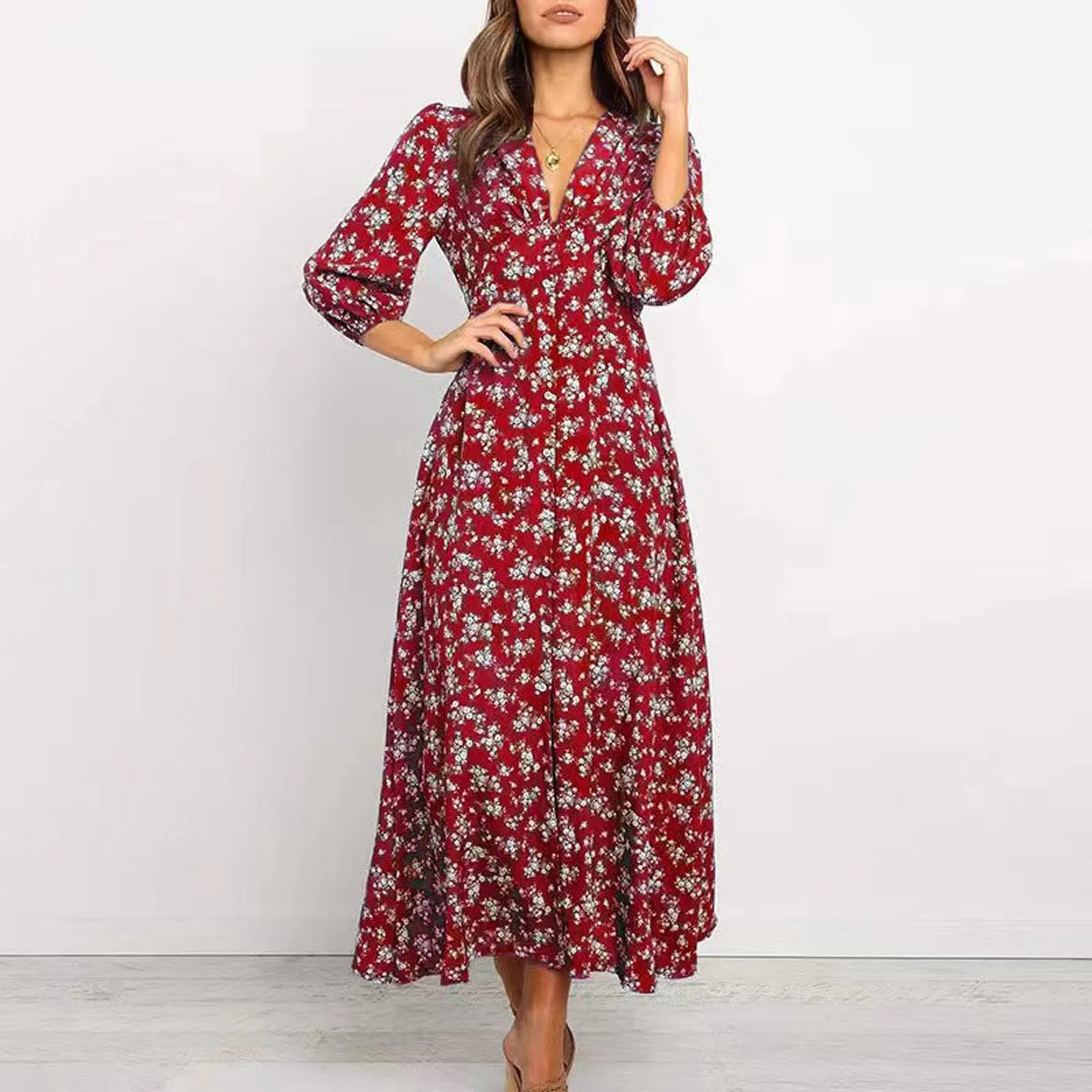 Women's Floral Maxi Long Sleeve Dress in Red floral, front view on model - Mayra