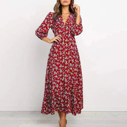 Women's Floral Maxi Long Sleeve Dress in Red floral, front view on model - Mayra