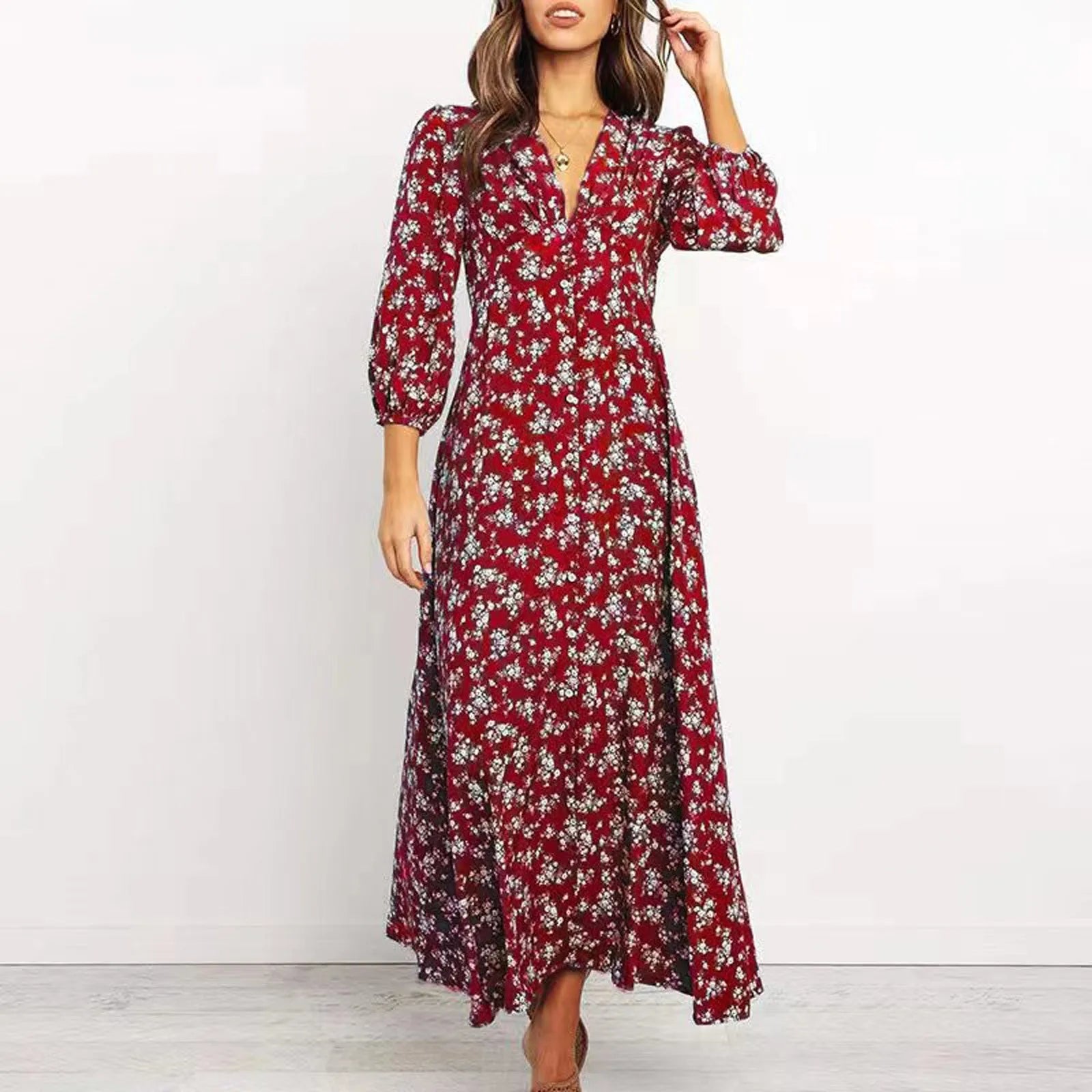 Women's Floral Maxi Long Sleeve Dress in Red, full-length front view - Mayra