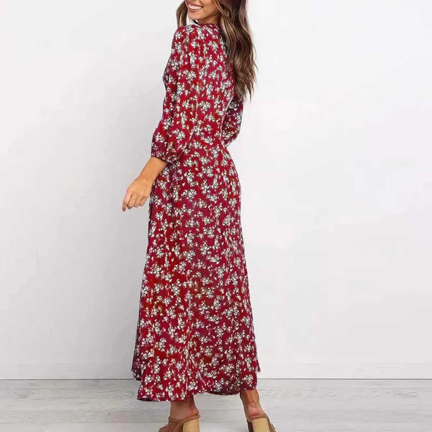 Women's Floral Maxi Long Sleeve Dress in Red floral, side view on model - Mayra