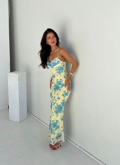 Women's Floral Maxi Sleeveless Dress in Floral print, angled side view - Mette
