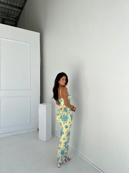 Women's Floral Maxi Sleeveless Dress in Floral, back view with tie straps - Mette