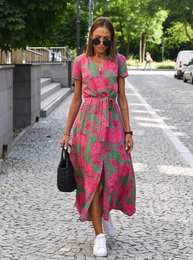 Women's Floral Maxi Wrap Dress in Pink and green floral, front view - Perla