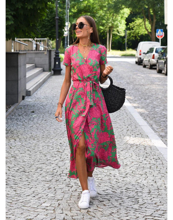 Women's Floral Maxi Wrap Dress in Pink floral, full-length front view - Perla