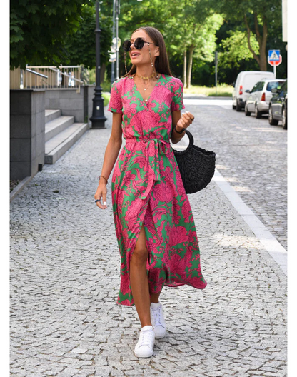 Women's Floral Maxi Wrap Dress in Pink floral, full-length front view - Perla