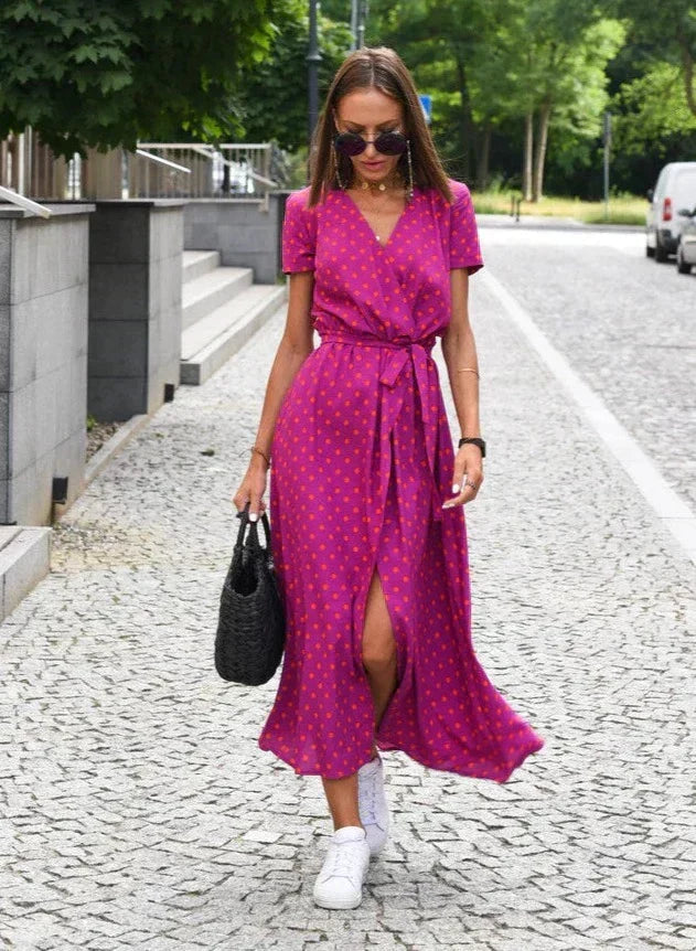 Women's Floral Maxi Wrap Dress in Red-toned magenta print, front view - Perla