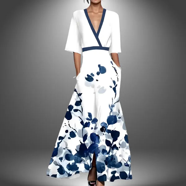 Women's Floral Mid Length Sleeve Maxi Dress in Blue floral on white, front - Emilia