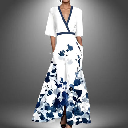 Women's Floral Mid Length Sleeve Maxi Dress in Blue floral on white, front - Emilia